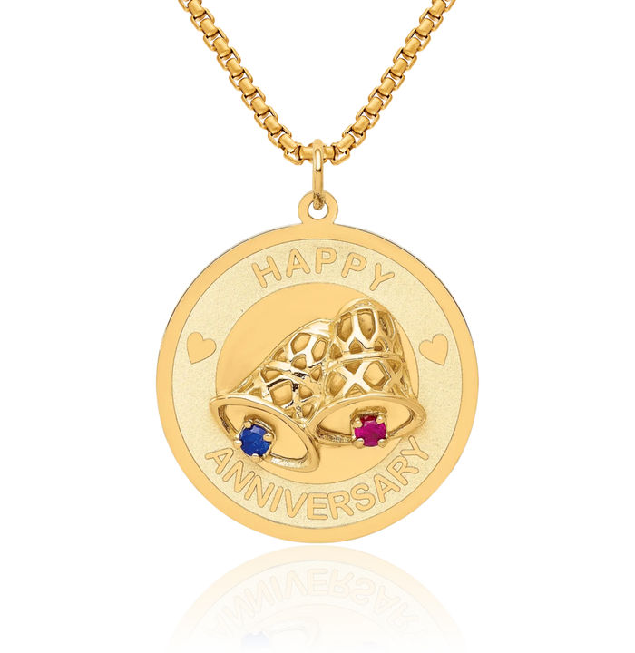 14K Solid Yellow Gold Happy Anniversary Blue Red Cubic Zirconia CZ Bells Necklace Chain Pendant Charm