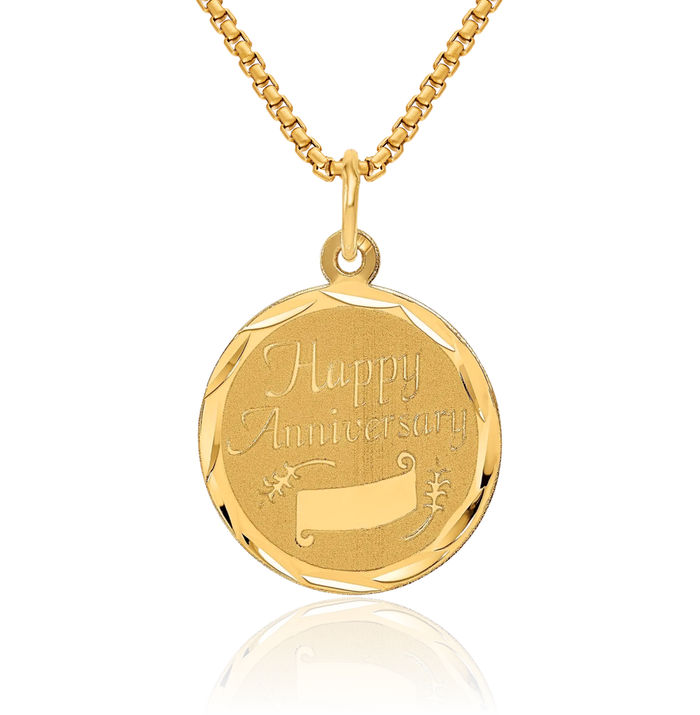 14K Solid Yellow Gold Happy Anniversary Necklace Chain Pendant Charm