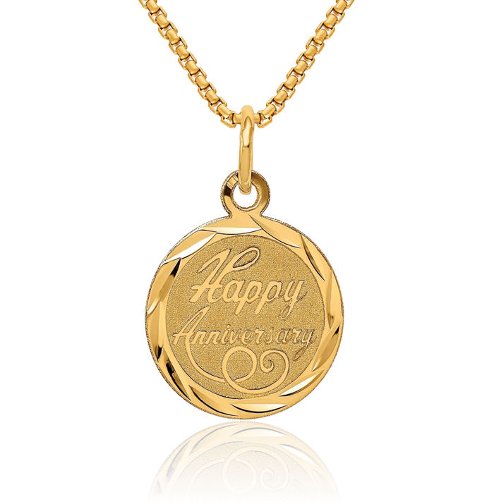 14K Solid Yellow Gold Happy Anniversary Necklace Chain Pendant Charm