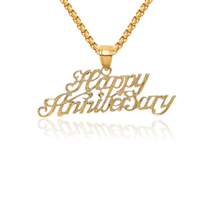 14K Solid Yellow Gold Happy Anniversary Necklace Chain Pendant Charm