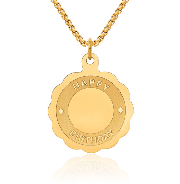 14K Solid Yellow Gold Happy Birthday Disc Necklace Chain Pendant Charm