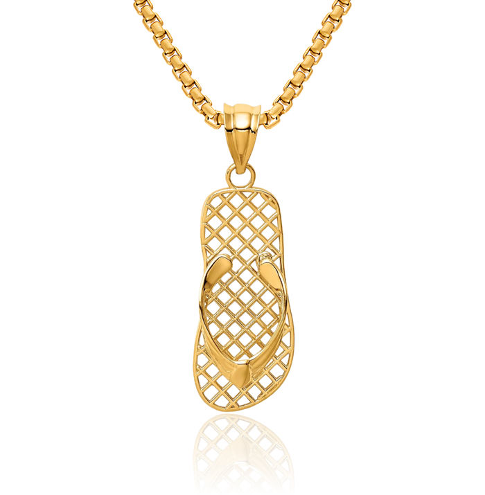14K Solid Yellow Gold Mesh Hawaiian Flip Flop Necklace Beach Sandals Pendant Ocean Vacation Charm