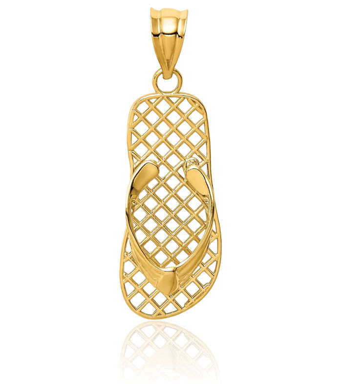14K Solid Yellow Gold Mesh Hawaiian Flip Flop Necklace Beach Sandals Pendant Ocean Vacation Charm