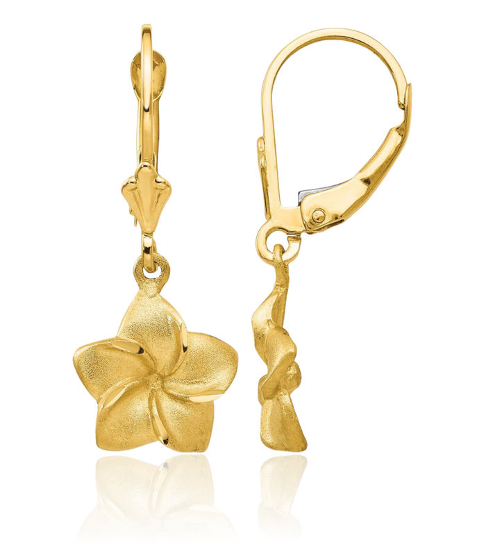 14K Solid Yellow Gold Hawaiian Plumeria Flower Drop Dangle Earrings