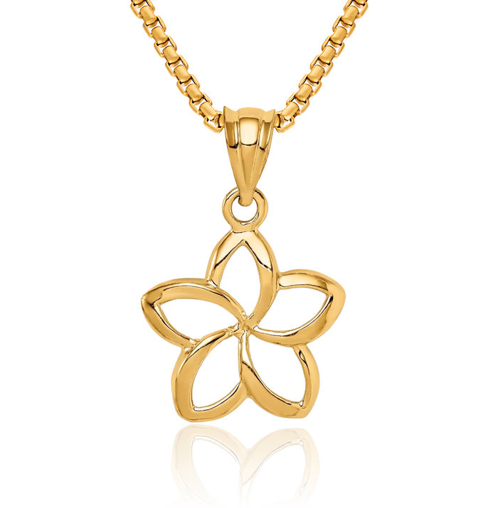 14K Solid Yellow Gold Hawaiian Plumeria Flower Necklace Chain Pendant Charm