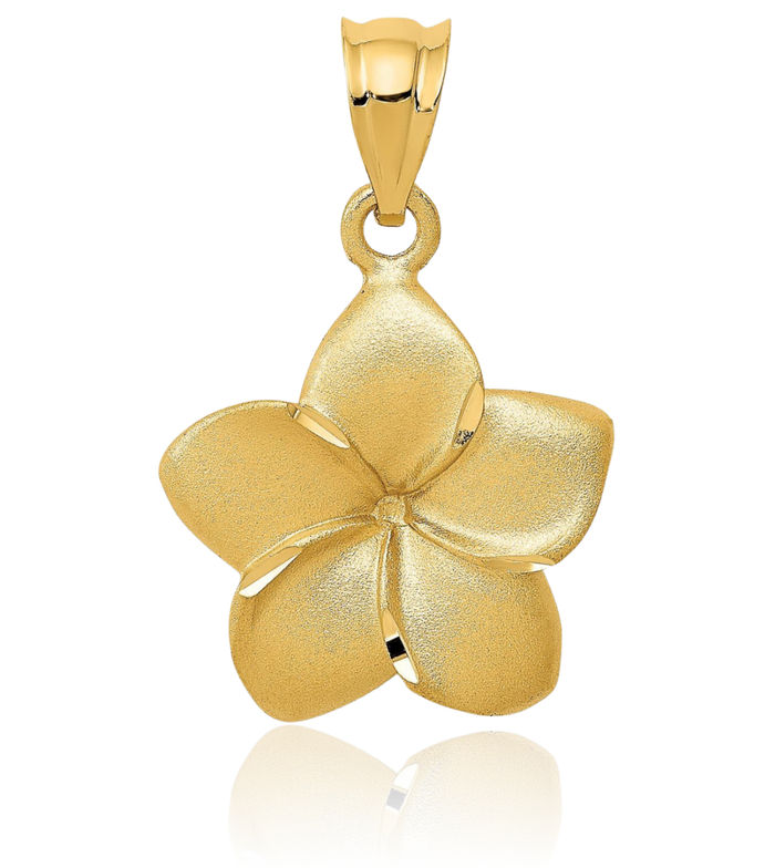 14K Solid Yellow Gold Hawaiian Plumeria Flower Necklace Chain Pendant Charm