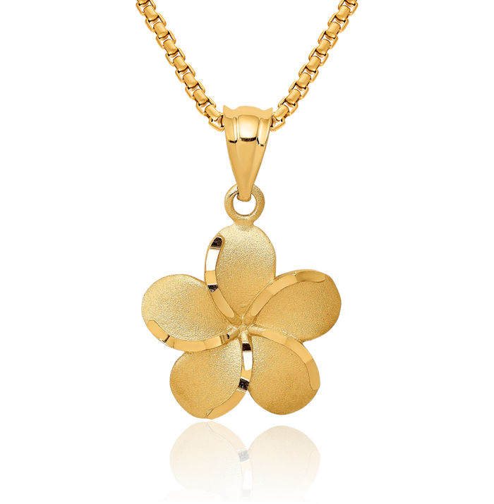 14K Solid Yellow Gold Hawaiian Plumeria Flower Necklace Chain Pendant Charm