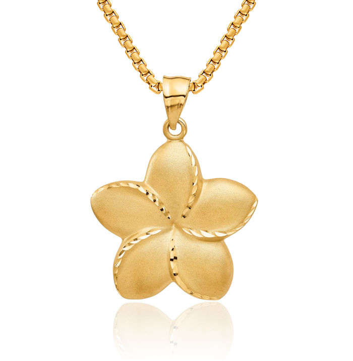 14K Solid Yellow Gold Hawaiian Plumeria Flower Necklace Chain Pendant Charm