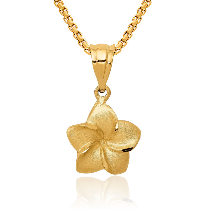 14K Solid Yellow Gold Hawaiian Plumeria Flower Necklace Chain Pendant Charm