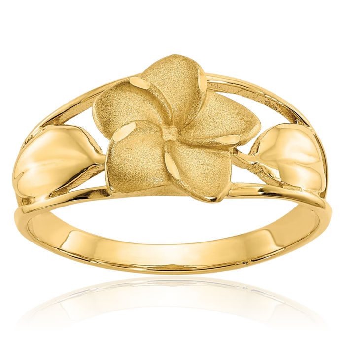 14K Solid Yellow Gold Hawaiian Plumeria Flower Ring