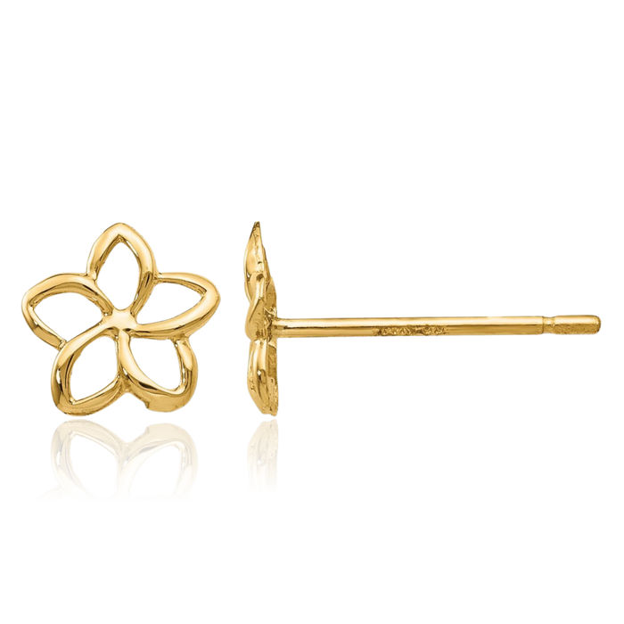 14K Solid Yellow Gold Hawaiian Plumeria Flower Stud Earrings