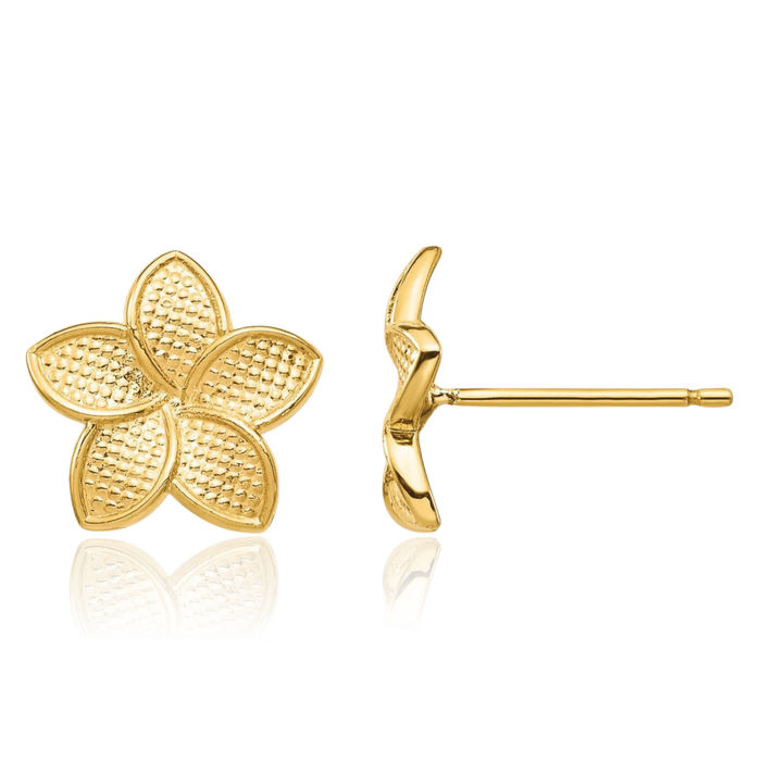 14K Solid Yellow Gold Hawaiian Plumeria Flower Stud Earrings