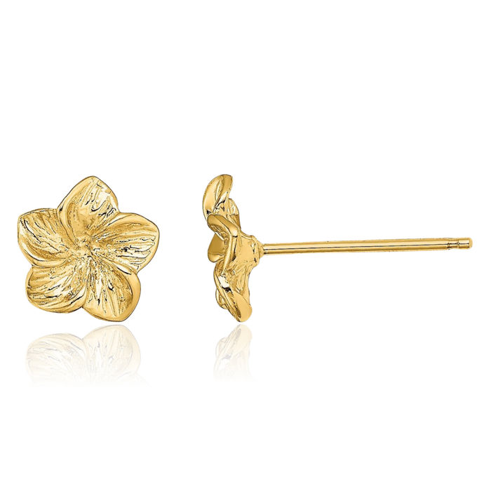 14K Solid Yellow Gold Hawaiian Plumeria Flower Stud Earrings