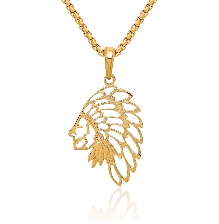 14K Solid Yellow Gold Head Dress Necklace Chain Pendant Charm