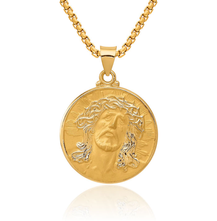 14K Solid Yellow Gold Head of Christ Medal Round Necklace Chain Pendant Charm