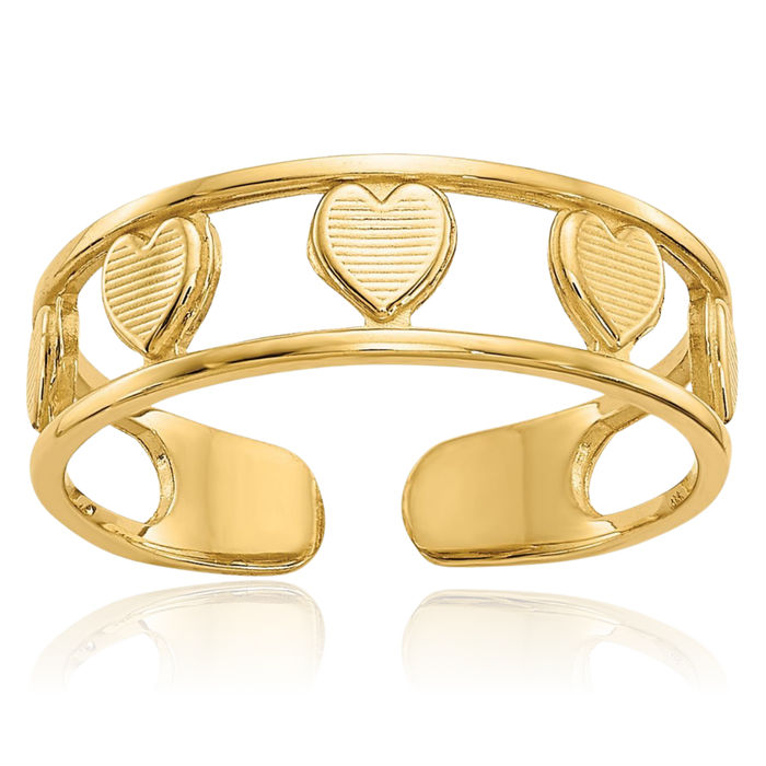 14K Solid Yellow Gold Heart Adjustable Toe Ring Open Midi Band Summer Beach Jewelry