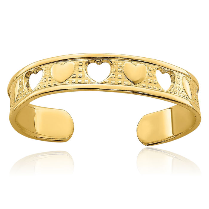 14K Solid Yellow Gold Heart Adjustable Toe Ring Open Midi Band Summer Beach Jewelry