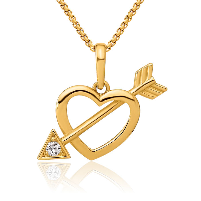 14K Solid Yellow Gold Heart Arrow Cubic Zirconia CZ Necklace Chain Pendant Charm