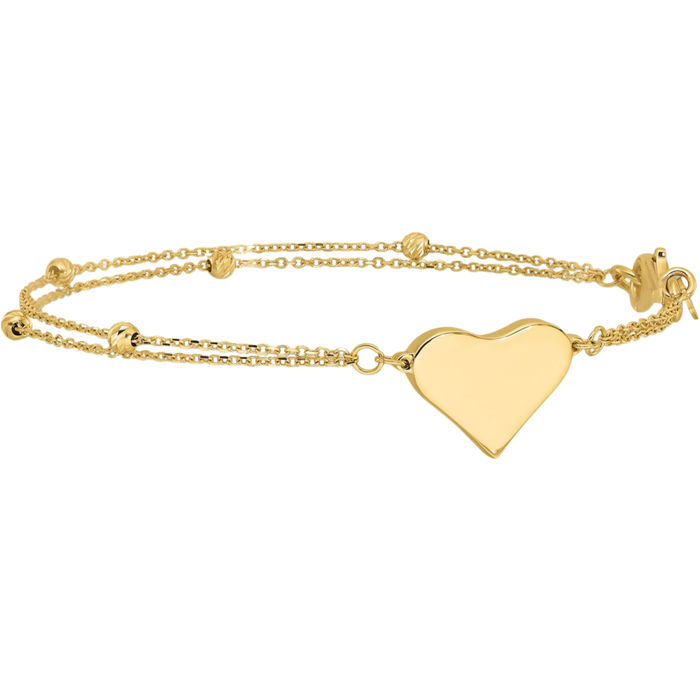 14K Solid Yellow Gold Heart Beaded Ball 2 Strand Chain Bracelet