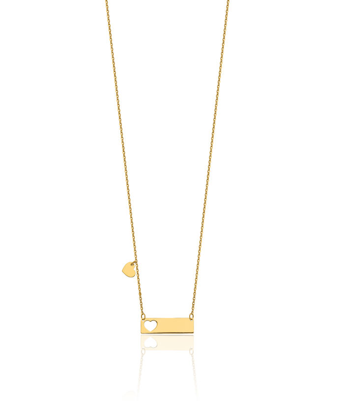 14K Solid Yellow Gold Heart Bar Necklace Chain