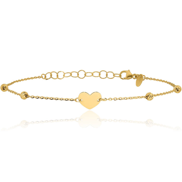 14K Solid Yellow Gold Heart Beads Chain Charm Bracelet