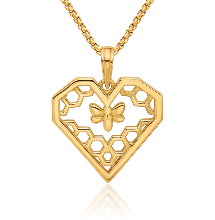 14K Solid Yellow Gold Heart Queen Bumble Bee Honeycomb Necklace Honeybee Pendant Beekeeper Charm