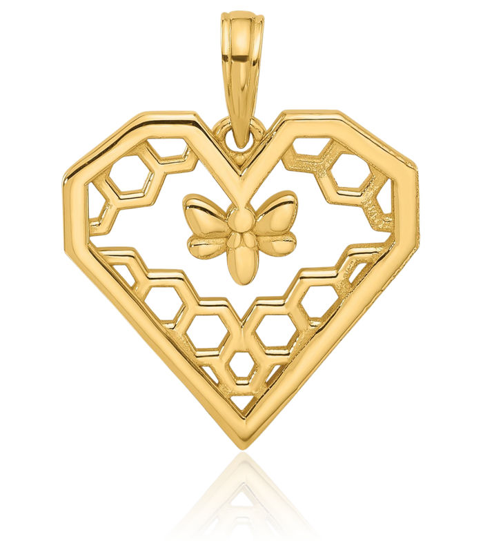 14K Solid Yellow Gold Heart Queen Bumble Bee Honeycomb Necklace Honeybee Pendant Beekeeper Charm