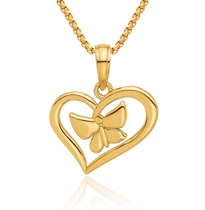 14K Solid Yellow Gold Heart Butterfly Wings Necklace Chain Pendant Charm