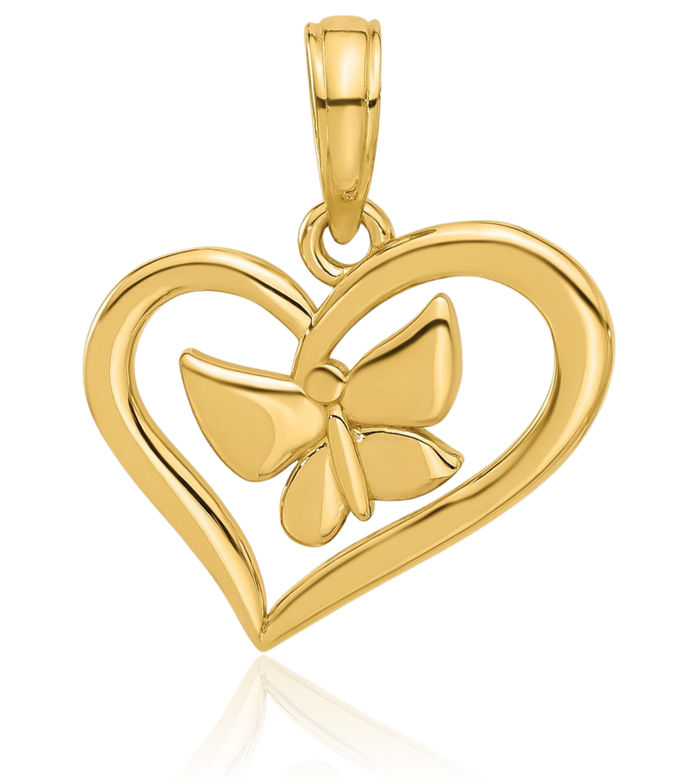 14K Solid Yellow Gold Heart Butterfly Wings Necklace Chain Pendant Charm