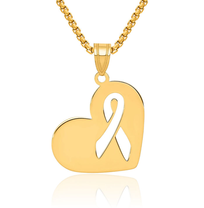 14K Solid Yellow Gold Heart Cancer Awareness Ribbon Necklace Chain Pendant Charm