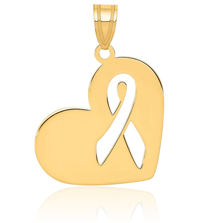 14K Solid Yellow Gold Heart Cancer Awareness Ribbon Necklace Chain Pendant Charm