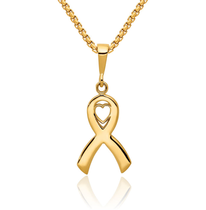 14K Solid Yellow Gold Heart Cancer Awareness Ribbon Necklace Chain Pendant Charm