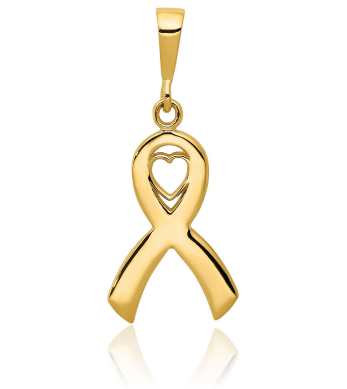 14K Solid Yellow Gold Heart Cancer Awareness Ribbon Necklace Chain Pendant Charm
