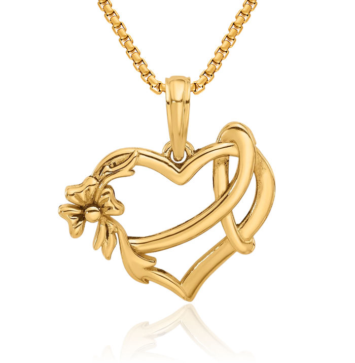 14K Solid Yellow Gold Heart Cancer Awareness Ribbon Necklace Chain Pendant Charm