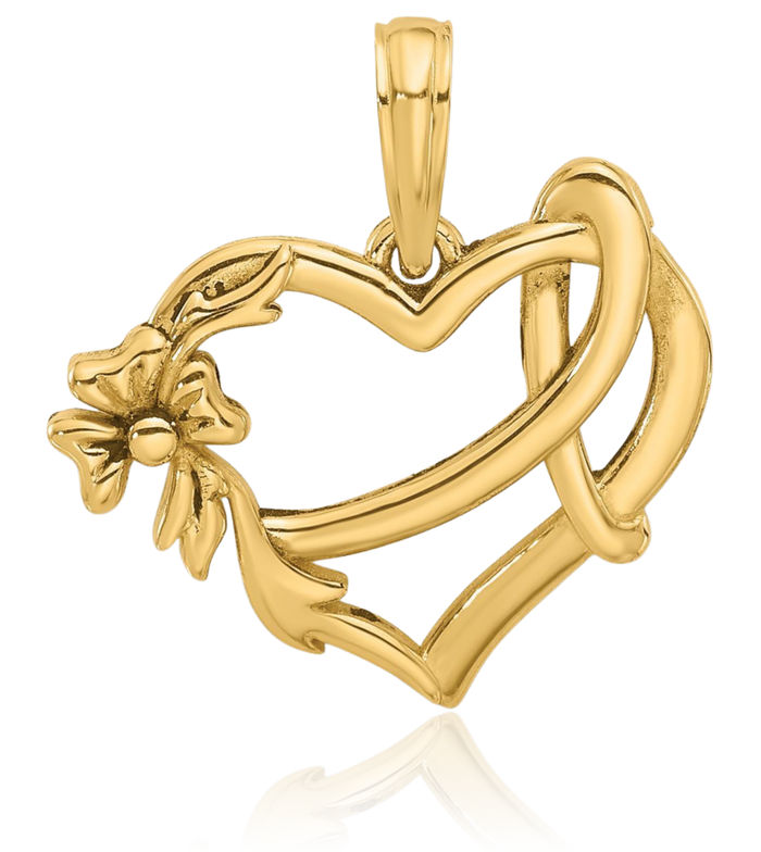 14K Solid Yellow Gold Heart Cancer Awareness Ribbon Necklace Chain Pendant Charm