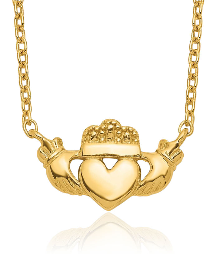 14K Solid Yellow Gold Heart Irish Claddagh Celtic Necklace Chain Jewelry