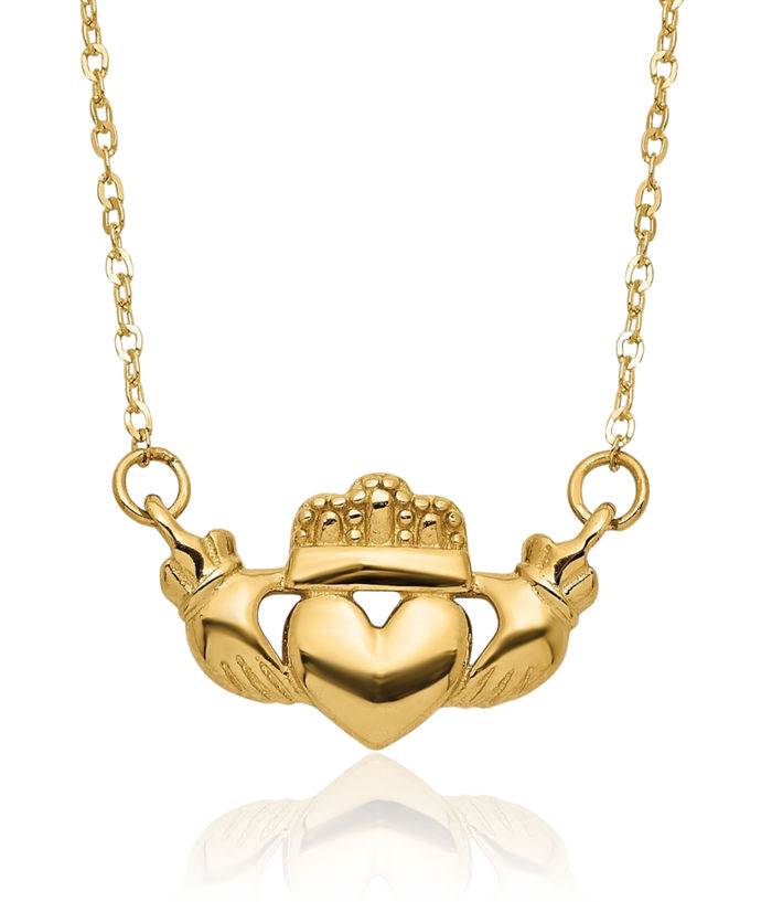 14K Solid Yellow Gold Heart Irish Claddagh Celtic Necklace Chain Jewelry