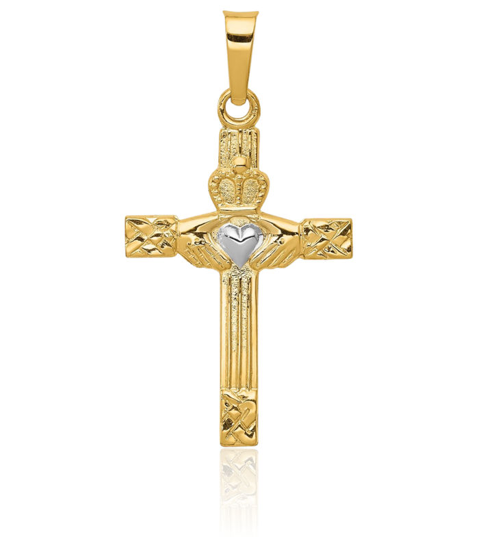 14K Solid Yellow Gold Heart Irish Claddagh Celtic Holy Cross Necklace Religious Chain Pendant Jesus Christ Charm Jewelry