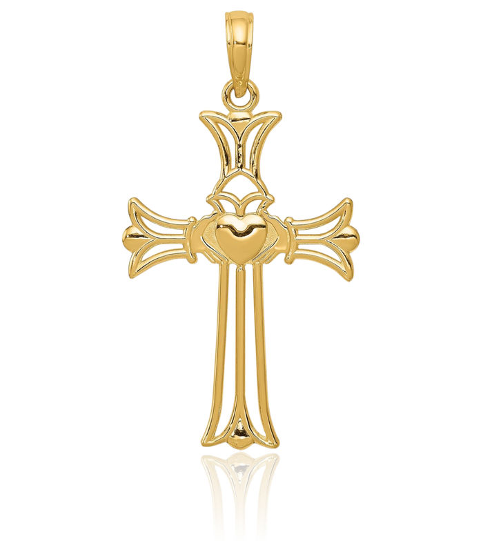 14K Solid Yellow Gold Heart Irish Claddagh Celtic Holy Cross Necklace Religious Chain Pendant Jesus Christ Charm Jewelry