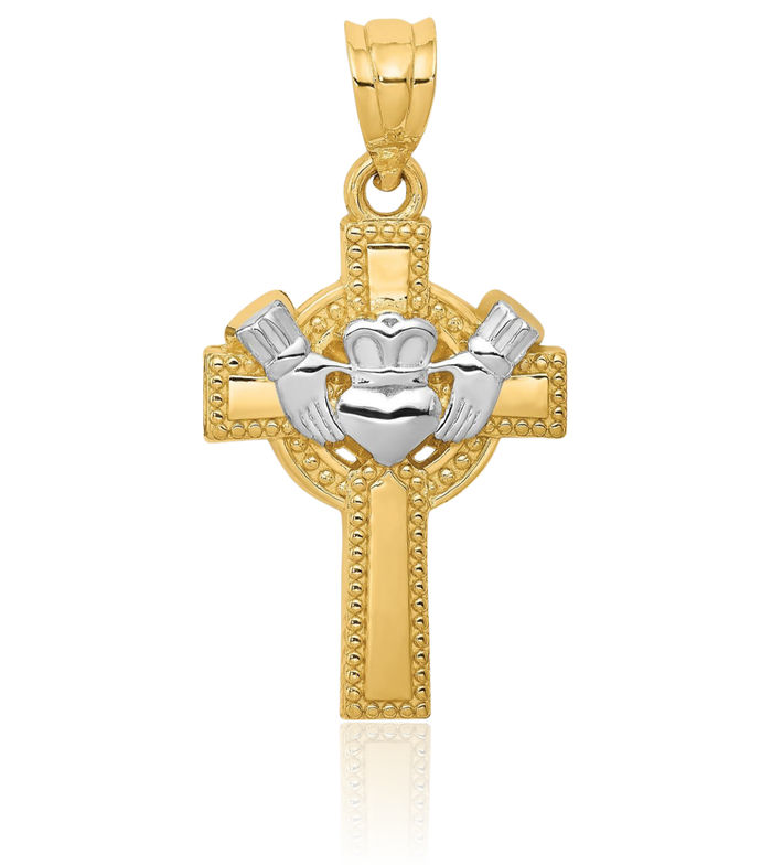 14K Solid Yellow Gold Heart Irish Claddagh Celtic Holy Cross Necklace Religious Chain Pendant Jesus Christ Charm Jewelry