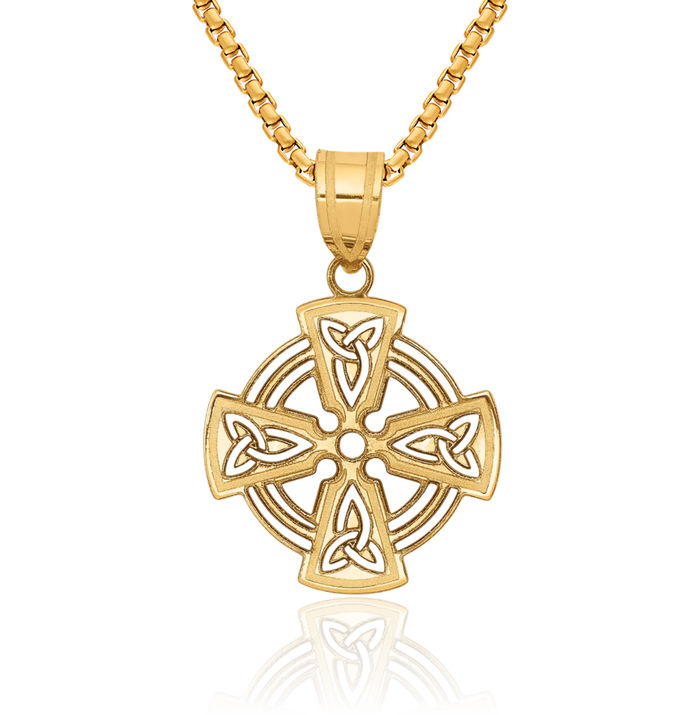 14K Solid Yellow Gold Heart Irish Claddagh Celtic Holy Cross Necklace Religious Chain Pendant Jesus Christ Charm Jewelry