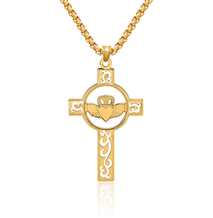 14K Solid Yellow Gold Heart Irish Claddagh Celtic Holy Cross Necklace Religious Chain Pendant Jesus Christ Charm Jewelry