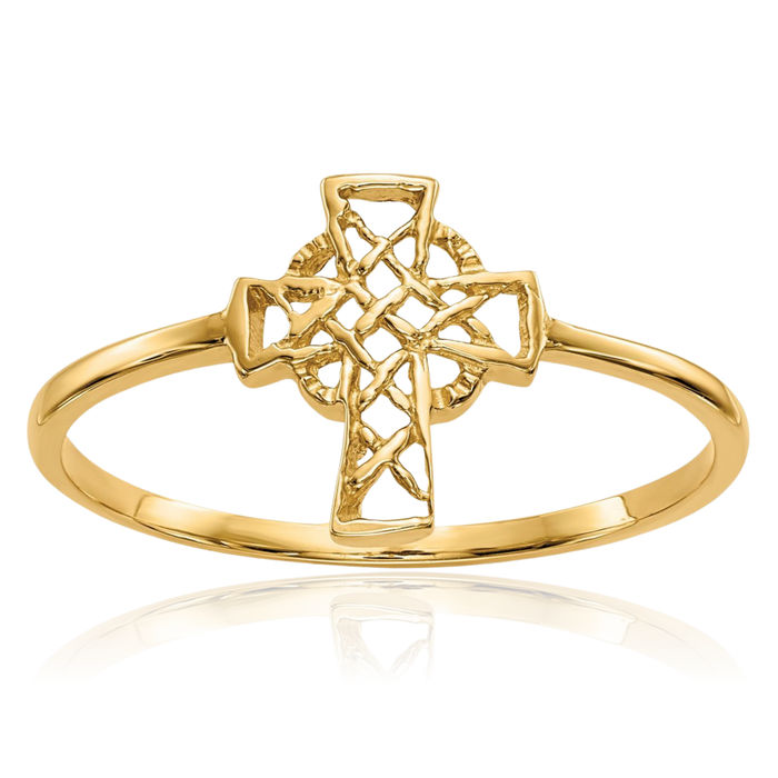 14K Solid Yellow Gold Heart Irish Claddagh Celtic Holy Cross Ring Christian Religious Band Jewelry