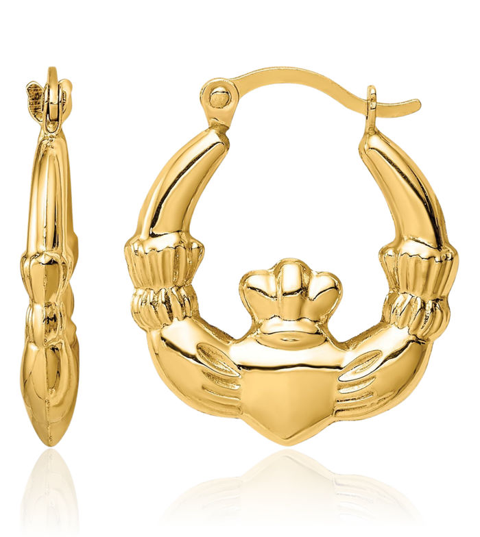 14K Yellow Gold Claddagh Hoop Earrings