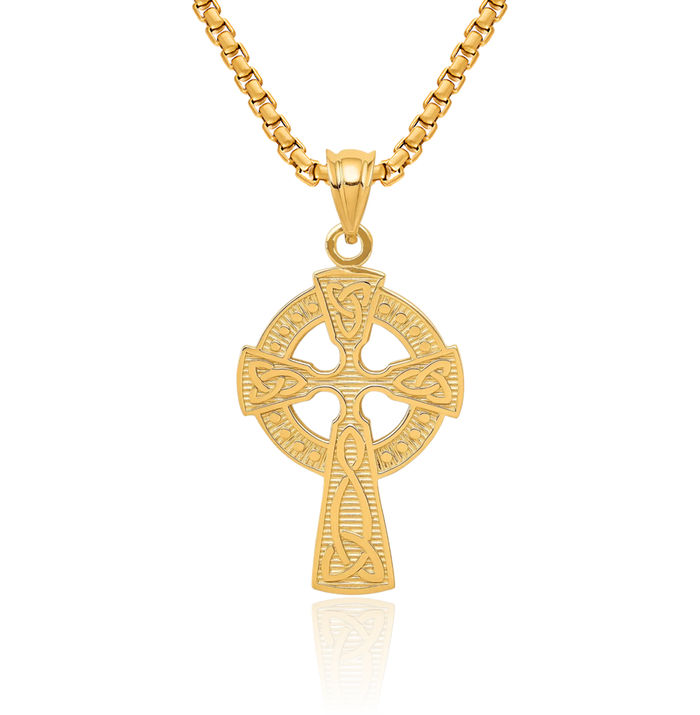 14K Solid Yellow Gold Heart Irish Claddagh Celtic Iona Holy Cross Necklace Religious Chain Pendant Jesus Christ Charm Jewelry