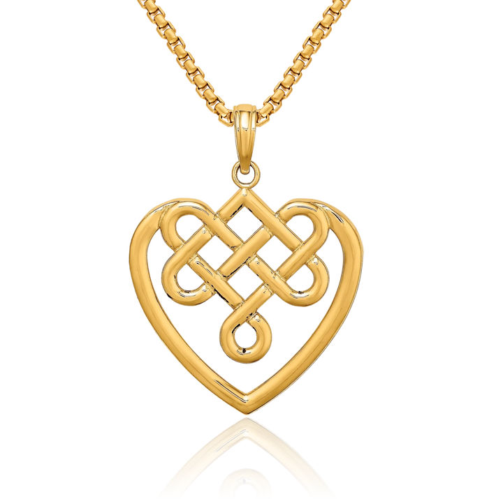 14K Solid Yellow Gold Heart Irish Claddagh Celtic Knot Necklace Love Pendant Charm Jewelry