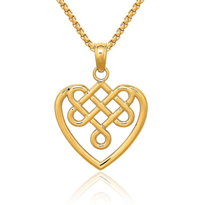 14K Solid Yellow Gold Heart Irish Claddagh Celtic Knot Necklace Love Pendant Charm Jewelry
