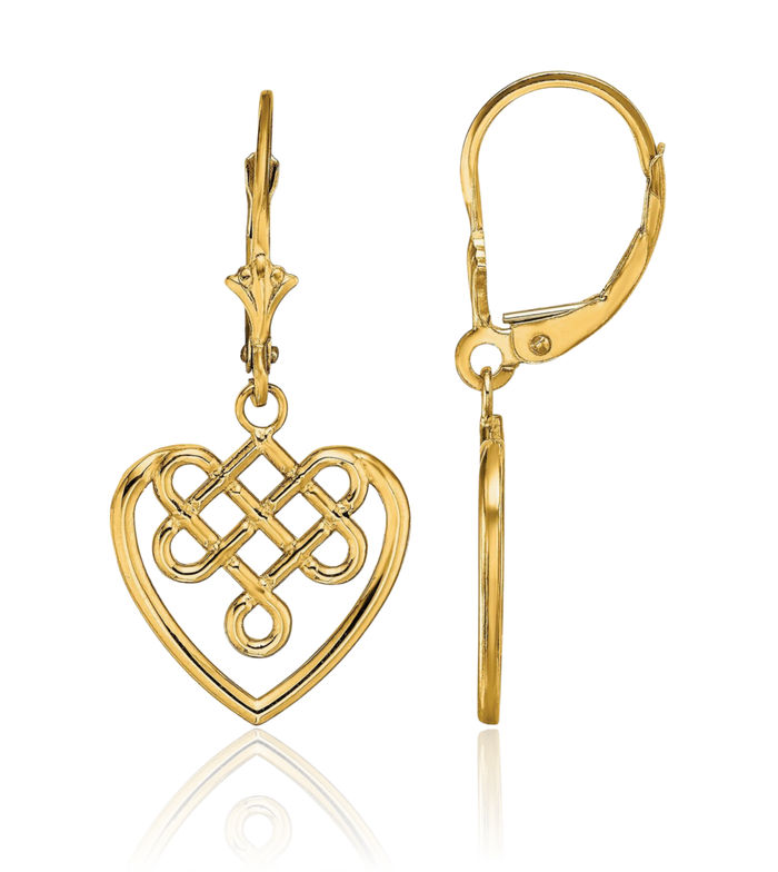 14K Solid Yellow Gold Heart Irish Claddagh Celtic Twisted Love Knot Symbol Drop Dangle Earrings Jewelry