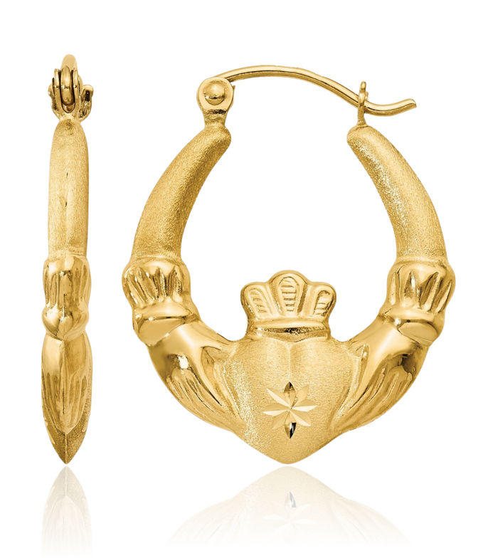 14K Solid Yellow Gold Heart Irish Claddagh Celtic Medium Hoop Earrings Jewelry