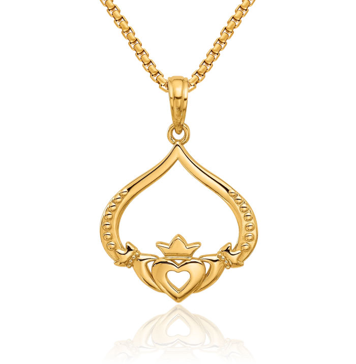 14K Solid Yellow Gold Heart Irish Claddagh Celtic Necklace Chain Pendant Charm Jewelry